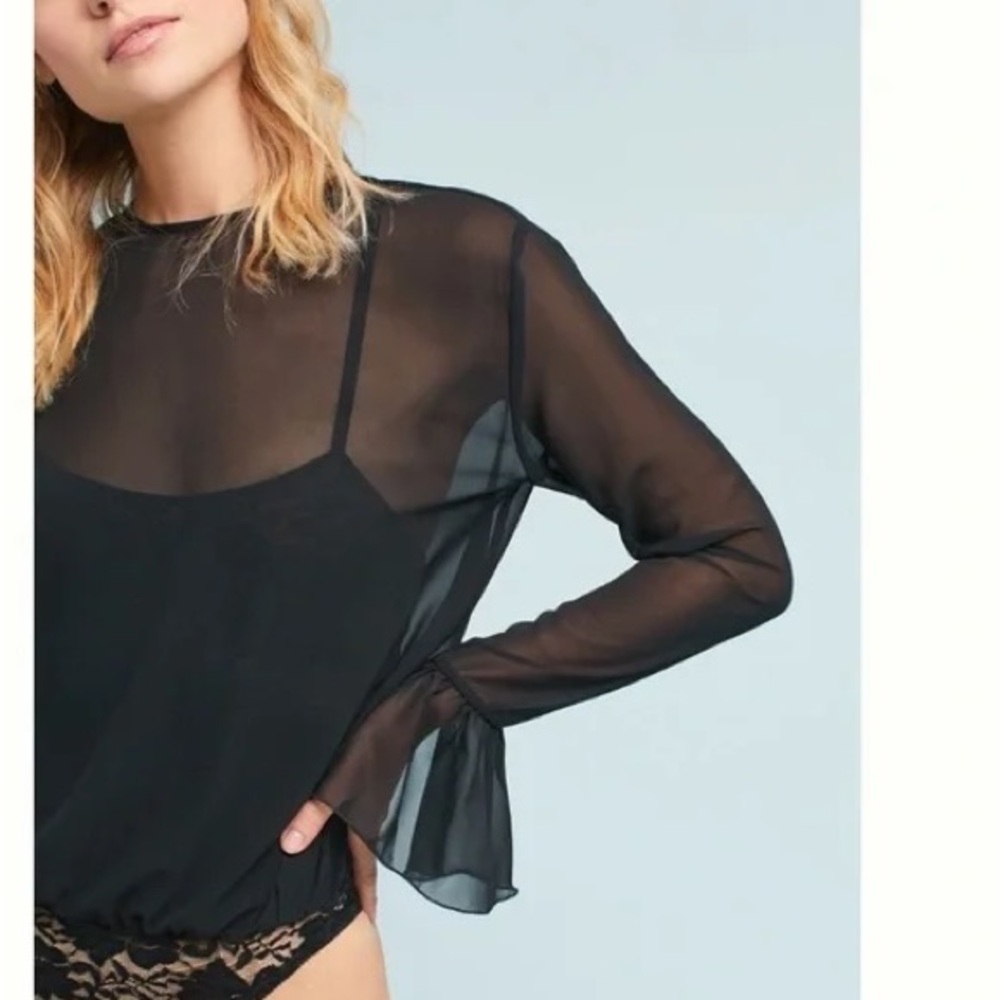 HAH lace cami bodysuit with long sleeve blousy mesh top. Size L.